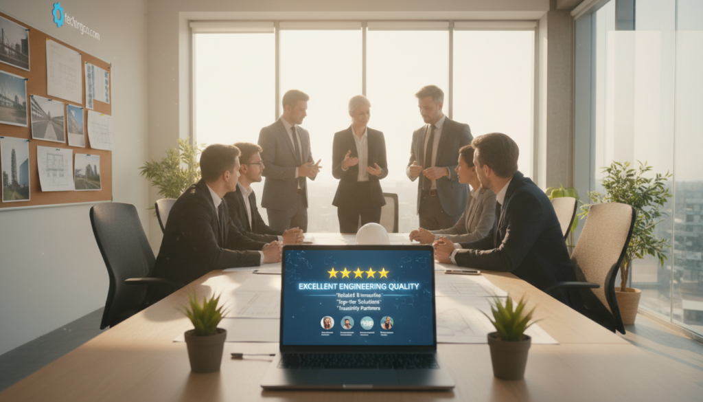 A bright, modern office space featuring a diverse group of professionals in business attire, engaged in a discussion about architectural plans laid out on a table. In the foreground, a laptop displays glowing customer reviews and star ratings on the screen, representing client feedback on engineering quality. The middle ground includes blueprints and project images pinned on a wall, emphasizing professionalism and expertise. In the background, large windows let in natural light, casting a warm glow that enhances the collaborative atmosphere. The overall mood is one of trust and diligence, reflecting the importance of client evaluations. Include the logo of "techengco.com" subtly integrated into the office decor.