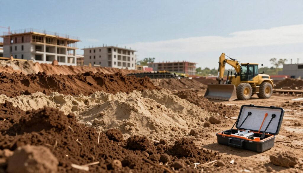 A close-up view of soil layers showcasing different types of earth, meticulously illustrating the complex textures and colors of clays, sands, and silts. In the foreground, display construction equipment such as a bulldozer and a soil testing kit on a construction site, emphasizing the relationship between soil types and building stability. The middle ground features partially constructed buildings on varying terrain, demonstrating foundations adapting to diverse soil conditions. In the background, a clear blue sky with soft, diffused sunlight casts an inviting warmth over the scene, enhancing the focus on the interplay of earth and architecture. Capture an informative and educational atmosphere that highlights the importance of soil in construction. Render without any text or watermarks, and include the brand "techengco.com" subtly in the composition. A close-up view of soil layers showcasing different types of earth, meticulously illustrating the complex textures and colors of clays, sands, and silts. In the foreground, display construction equipment such as a bulldozer and a soil testing kit on a construction site, emphasizing the relationship between soil types and building stability. The middle ground features partially constructed buildings on varying terrain, demonstrating foundations adapting to diverse soil conditions. In the background, a clear blue sky with soft, diffused sunlight casts an inviting warmth over the scene, enhancing the focus on the interplay of earth and architecture. Capture an informative and educational atmosphere that highlights the importance of soil in construction. Render without any text or watermarks, and include the brand "techengco.com" subtly in the composition.