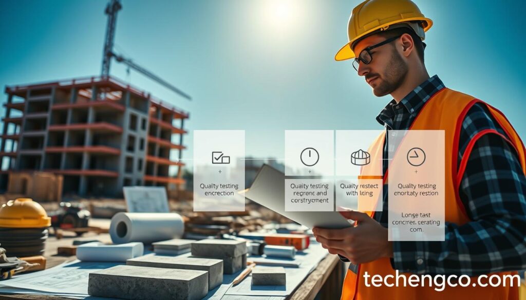 A construction quality testing scene showcasing the importance of quality assurance in building projects. In the foreground, a professional engineer in a hard hat and safety vest inspects concrete samples with a clipboard, expressing focus and determination. The middle layer features various construction materials and tools, including blueprints and testing equipment, arranged meticulously on a workbench. In the background, a partially constructed building rises under a clear blue sky, illuminated by bright sunlight, casting long shadows. An abstract diagram illustrating quality testing methods subtly overlays the scene, enhancing the theme without distraction. The overall atmosphere conveys professionalism, diligence, and the critical nature of quality control in construction. Element branding subtly includes "techengco.com" in the bottom corner.