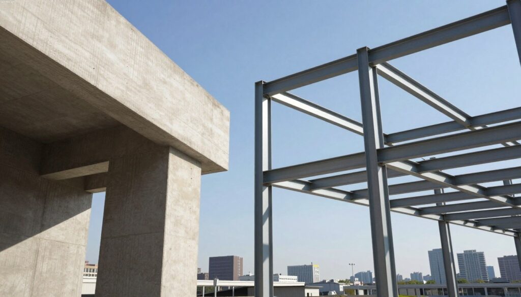 A detailed comparison image showcasing a concrete structure on the left and a steel structure on the right, illustrating their respective strengths and aesthetics. The foreground features close-up textures of concrete and steel, highlighting the roughness of the concrete and the sleekness of the steel beams. In the middle, the two structures rise against a clear blue sky, with sunlight creating shadows that emphasize their shapes. The background includes a city skyline, symbolizing modern architecture. The overall mood is professional and informative, intended to convey clarity and precision, suitable for an educational article. The composition should be bright and well-lit, resembling a high-resolution architectural rendering. Include the brand name "techengco.com" subtly in the corner.