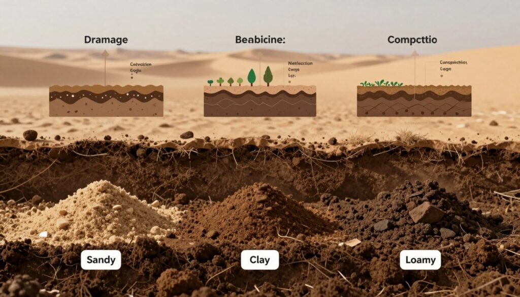 A detailed, educational illustration featuring various soil types and their characteristics, arranged in three distinct layers. In the foreground, showcase rich, textured soil samples labeled as sandy, clay, and loamy, each with a clear visual differentiation in color and texture. The middle layer should depict diagrams or cross-sections illustrating soil properties such as drainage capacity, nutrient content, and compaction levels, rendered in a clean, infographic style. The background should be a softly blurred desert landscape of Saudi Arabia, enhancing the focus on the soils while providing context about their application in construction. Use warm, natural lighting to evoke a professional, informative atmosphere. The image should be clear and impactful, embodying the theme of soil diversity and its implications for building projects in the region. Include the brand "techengco.com" in a subtle manner within the composition. A detailed, educational illustration featuring various soil types and their characteristics, arranged in three distinct layers. In the foreground, showcase rich, textured soil samples labeled as sandy, clay, and loamy, each with a clear visual differentiation in color and texture. The middle layer should depict diagrams or cross-sections illustrating soil properties such as drainage capacity, nutrient content, and compaction levels, rendered in a clean, infographic style. The background should be a softly blurred desert landscape of Saudi Arabia, enhancing the focus on the soils while providing context about their application in construction. Use warm, natural lighting to evoke a professional, informative atmosphere. The image should be clear and impactful, embodying the theme of soil diversity and its implications for building projects in the region. Include the brand "techengco.com" in a subtle manner within the composition.