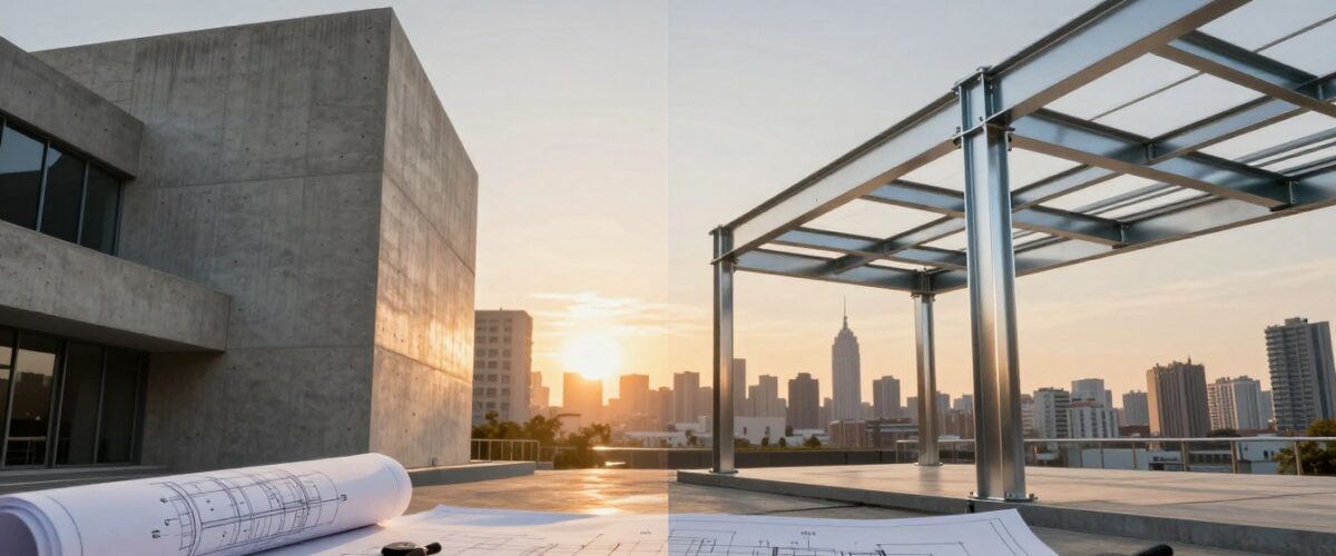 A detailed illustration contrasting concrete and steel structures, divided into two halves  The left side features a modern concrete building with visible textures, showcasing its solid, robust nature  The right side displays a sleek, modern steel structure with reflective surfaces, highlighting its lightweight elegance  In the foreground, include blueprints and tools like a ruler and compass, symbolizing engineering analysis  The background consists of a city skyline at sunset, casting warm golden hues, symbolizing progress and innovation  The mood is analytical yet inspiring, emphasizing the strengths of each material  Use a wide angle lens for a dramatic perspective  Include a watermark of "techengco com" discreetly in the corner 