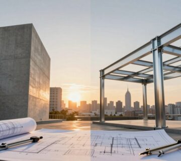 A detailed illustration contrasting concrete and steel structures, divided into two halves  The left side features a modern concrete building with visible textures, showcasing its solid, robust nature  The right side displays a sleek, modern steel structure with reflective surfaces, highlighting its lightweight elegance  In the foreground, include blueprints and tools like a ruler and compass, symbolizing engineering analysis  The background consists of a city skyline at sunset, casting warm golden hues, symbolizing progress and innovation  The mood is analytical yet inspiring, emphasizing the strengths of each material  Use a wide angle lens for a dramatic perspective  Include a watermark of "techengco com" discreetly in the corner 