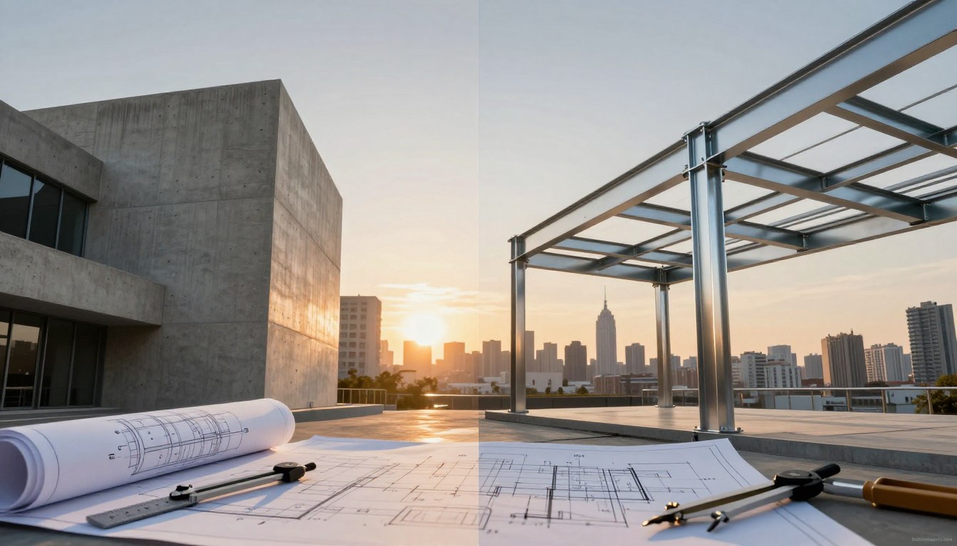 A detailed illustration contrasting concrete and steel structures, divided into two halves  The left side features a modern concrete building with visible textures, showcasing its solid, robust nature  The right side displays a sleek, modern steel structure with reflective surfaces, highlighting its lightweight elegance  In the foreground, include blueprints and tools like a ruler and compass, symbolizing engineering analysis  The background consists of a city skyline at sunset, casting warm golden hues, symbolizing progress and innovation  The mood is analytical yet inspiring, emphasizing the strengths of each material  Use a wide angle lens for a dramatic perspective  Include a watermark of "techengco com" discreetly in the corner 