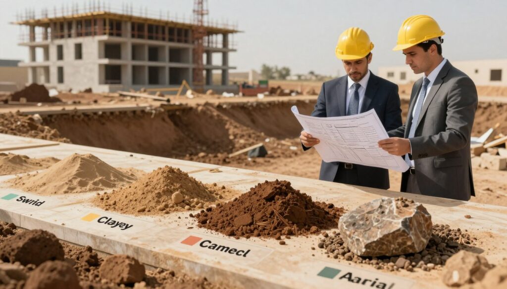 A detailed illustration depicting the impact of soil types on construction in Saudi Arabia. In the foreground, show various soil samples such as sandy, clayey, and rocky textures, labeled with color-coded markers. The middle ground features a construction site with engineers in professional business attire examining blueprints and soil test results. In the background, illustrate a partially constructed building, emphasizing the structural elements being affected by the underlying soil. Use natural lighting to create a warm, informative atmosphere, with a slight lens distortion to emphasize depth. The overall mood should be educational yet engaging. The image should be clean, without any text, logos, or watermarks, but incorporate the brand name "techengco.com" subtly integrated into the scene. A detailed illustration depicting the impact of soil types on construction in Saudi Arabia. In the foreground, show various soil samples such as sandy, clayey, and rocky textures, labeled with color-coded markers. The middle ground features a construction site with engineers in professional business attire examining blueprints and soil test results. In the background, illustrate a partially constructed building, emphasizing the structural elements being affected by the underlying soil. Use natural lighting to create a warm, informative atmosphere, with a slight lens distortion to emphasize depth. The overall mood should be educational yet engaging. The image should be clean, without any text, logos, or watermarks, but incorporate the brand name "techengco.com" subtly integrated into the scene.