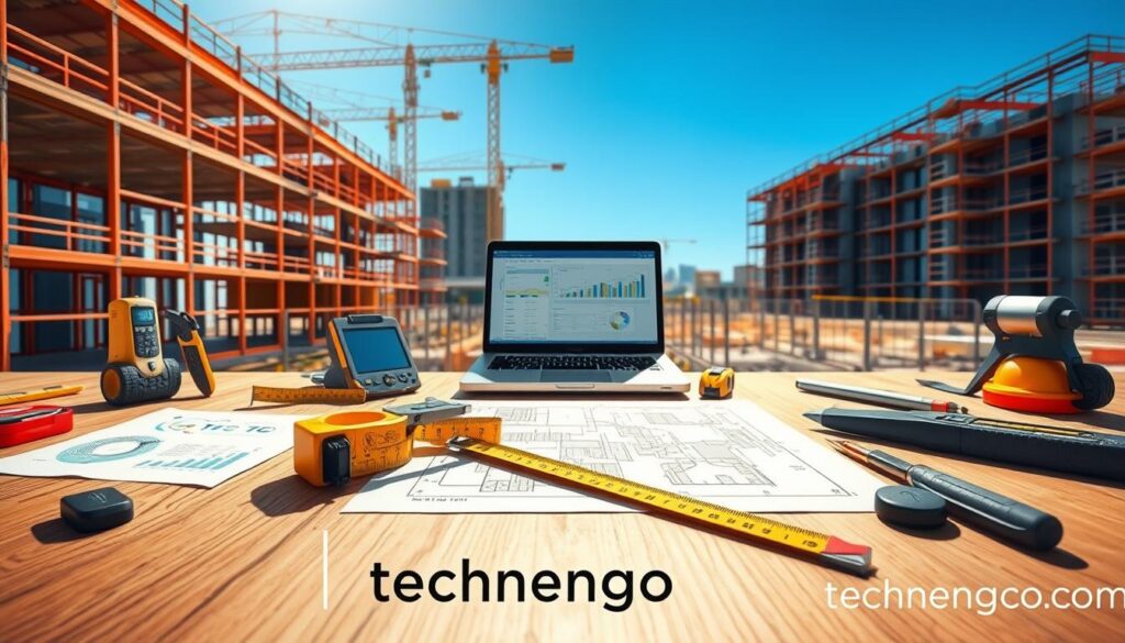 A detailed illustration of quality control tools used in construction projects. In the foreground, display an organized workspace featuring measuring tape, calipers, and quality testing equipment, all neatly arranged on a wooden table. In the middle, place a construction blueprint spread out, along with a laptop showing a quality control software interface. In the background, depict a construction site with scaffolding and partially constructed buildings under a clear blue sky. The lighting should be bright and natural, casting realistic shadows to enhance depth. Utilize a slightly angled perspective to draw the viewer into the scene, creating a professional, focused atmosphere. Add faint graphical elements like charts and infographics subtly integrated into the background. Include the brand logo "techengco.com" subtly in the bottom corner.