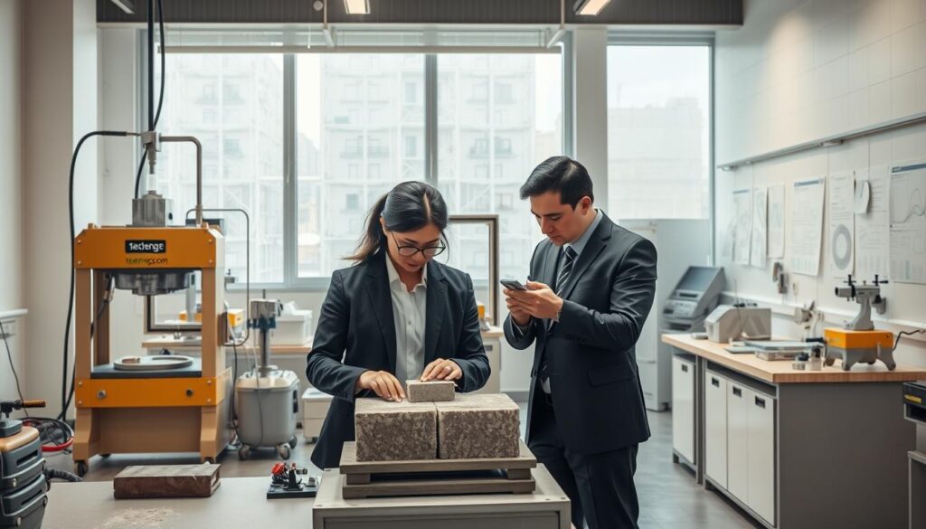A detailed laboratory scene showcasing "اختبارات المواد الإنشائية" (construction materials testing) in action. In the foreground, a team of two professionals in business attire are conducting tests on concrete samples, examining the integrity of the material with precision tools. The middle ground features an array of testing equipment, including a hydraulic press, a sieve shaker, and various measuring instruments arranged systematically. The background displays a clean, modern laboratory environment, with large windows allowing natural light to illuminate the space, enhancing the mood of focused professionalism. The overall atmosphere is one of diligence and innovation, emphasizing quality control in construction projects. Include subtle charts and graphical representations of material strength on a nearby wall. The brand name "techengco.com" should be subtly included as part of the lab equipment branding elements.