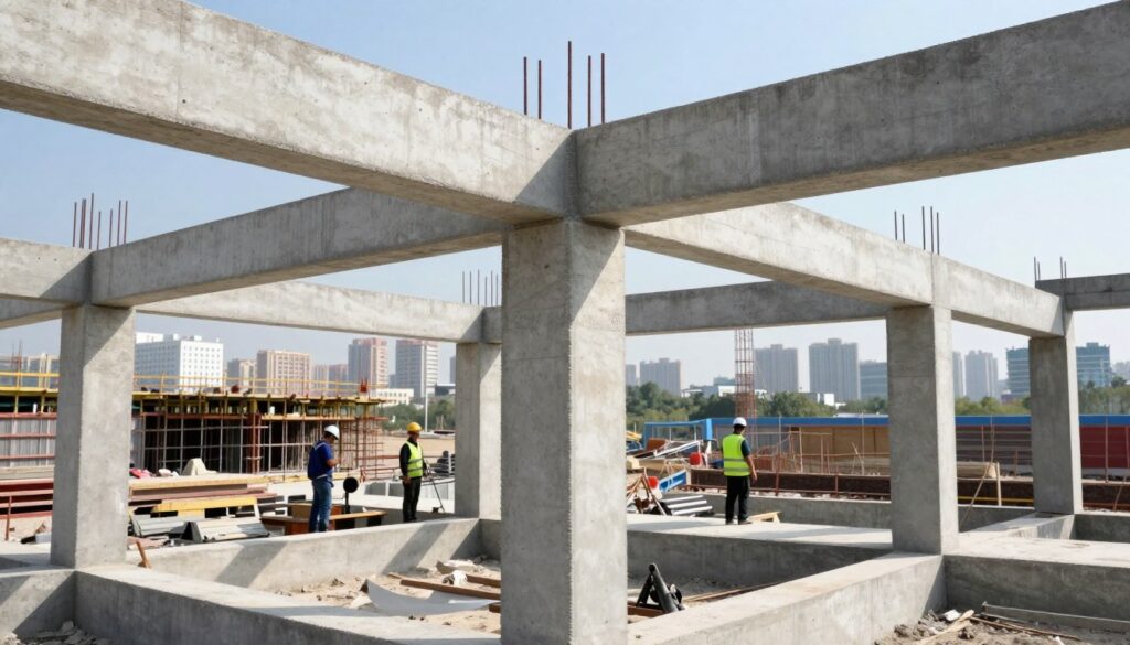 A detailed, realistic depiction of a concrete structure built with advanced engineering techniques, showcasing the raw texture and strength of concrete. In the foreground, focus on the intricate details of the concrete beams and columns, emphasizing the structural joints and reinforcements. The middle ground should feature a partially completed building site, with workers in professional attire inspecting the structure, surrounded by construction tools and materials. In the background, a skyline of city buildings under a bright blue sky, with soft, natural lighting illuminating the scene for a clean and sharp appearance. Capture the atmosphere of reliability and tradition in construction, reflecting the essence of "الهيكل الخرساني". High-quality imagery with depth of field effect inspired by techengco.com for an insightful visual narrative about traditional building options.