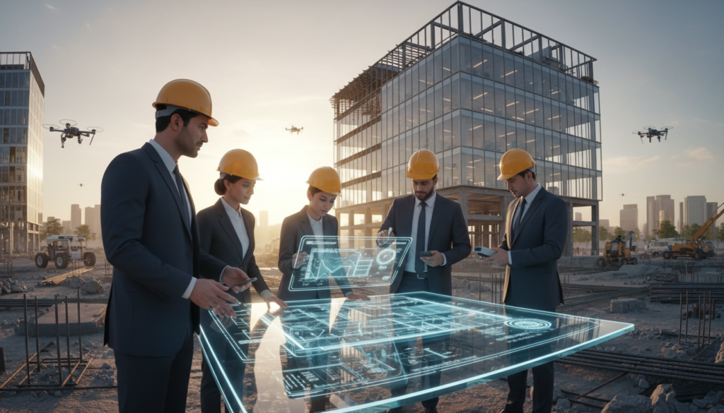 A high-quality 3D visualization showing a team of Saudi engineers reviewing architectural blueprints and using advanced surveying tools on a construction site, professional office setting in the background.