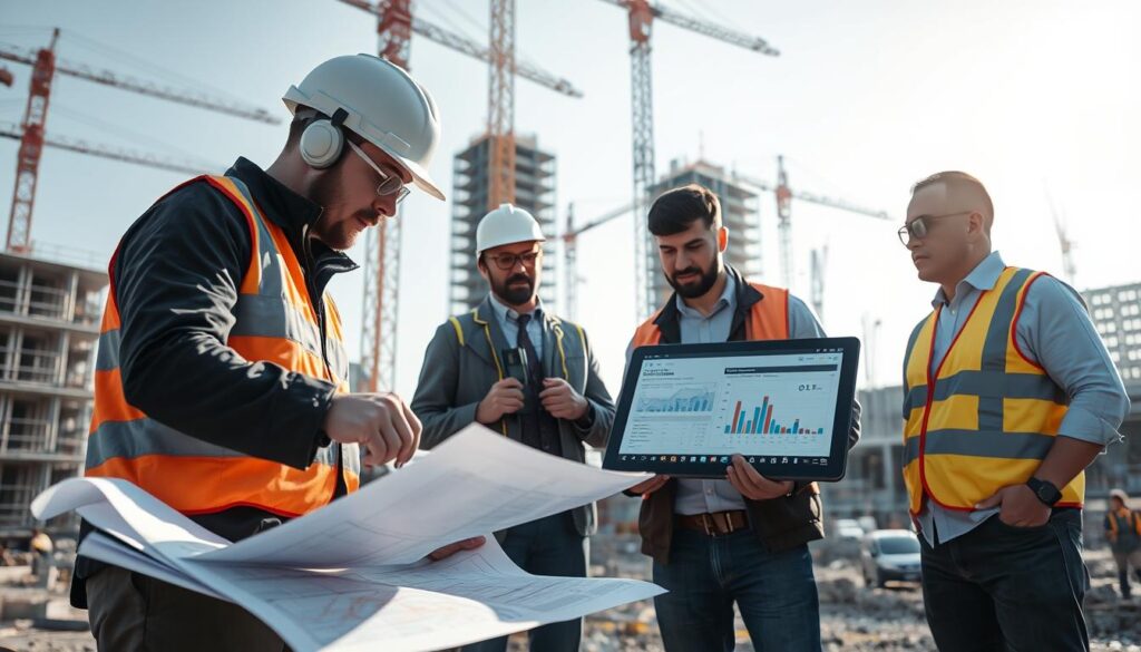 A modern construction site showcasing a quality assessment in progress. In the foreground, an engineer in professional attire examines a set of blueprints while using high-tech measurement tools to evaluate structural integrity. In the middle ground, a diverse team of professionals, including a surveyor and a project manager, are discussing quality control metrics around a digital tablet displaying graphs and performance data. In the background, towering construction cranes and partially built structures symbolize ongoing projects. The scene is illuminated by a bright, natural light suggesting a clear day, highlighting the teamwork and professionalism in construction. The overall mood exudes diligence, precision, and innovation. Image by techengco.com.