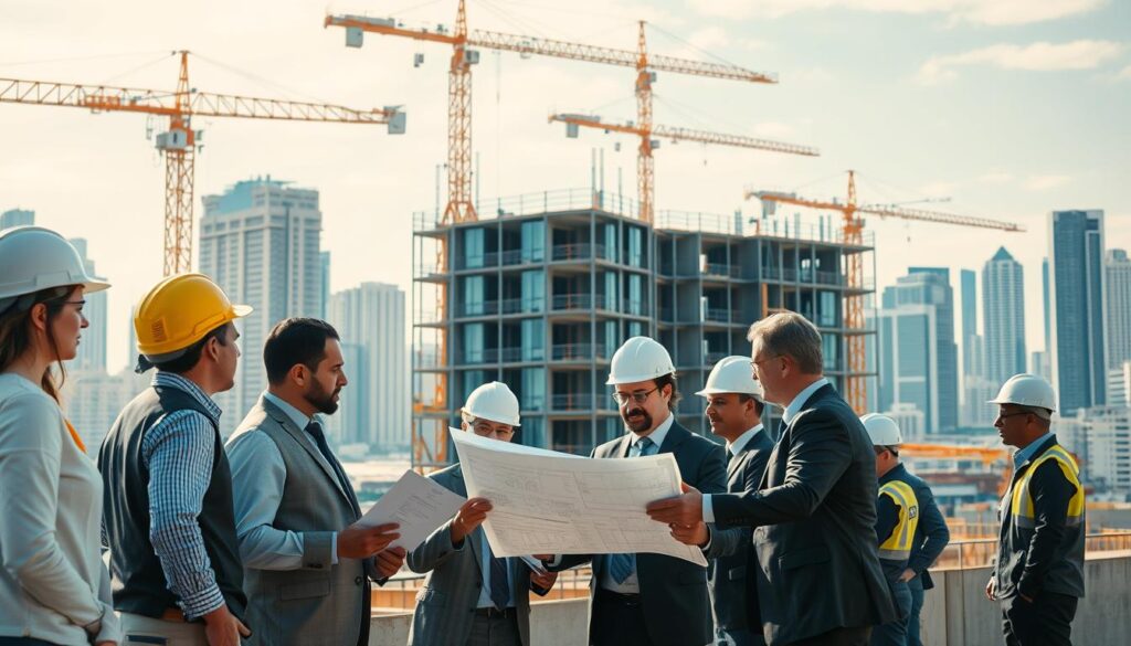 A modern construction site showcasing advanced building techniques with a focus on quality. In the foreground, a diverse group of professional workers in business attire is collaborating, examining architectural blueprints and high-tech gadgets. The middle ground features a partially constructed building constructed with innovative materials, highlighting smart technology like automated cranes and drones for surveying. The background is a vibrant urban skyline under a clear blue sky, symbolizing growth and modernity. Soft, natural lighting creates a bright atmosphere, while a slight depth of field emphasizes the teamwork at the site. Include subtle tech elements like holographic displays to enhance the futuristic feel, while ensuring the presence of the brand name "techengco.com" is woven into the construction equipment seamlessly, reflecting the integration of technology in modern building practices.