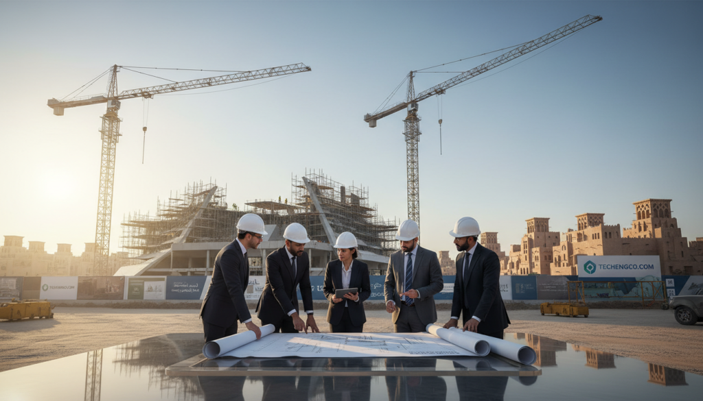 A modern construction site showcasing the applications of the Saudi Building Code, featuring professionals in business attire collaborating over blueprints. In the foreground, a detailed architectural plan is spread out on a table, with a diverse group of architects and engineers discussing the design. The middle layer depicts cranes and scaffolding, highlighting ongoing construction work, while traditional Saudi Arabian architecture is visible in the background. The scene is illuminated by natural sunlight, casting dynamic shadows and enhancing the colors of the construction materials. The atmosphere conveys innovation and professionalism, with a clear focus on safety and compliance in the building process. The brand "techengco.com" subtly featured as part of the scene, perhaps on the construction signage. A modern construction site showcasing the applications of the Saudi Building Code, featuring professionals in business attire collaborating over blueprints. In the foreground, a detailed architectural plan is spread out on a table, with a diverse group of architects and engineers discussing the design. The middle layer depicts cranes and scaffolding, highlighting ongoing construction work, while traditional Saudi Arabian architecture is visible in the background. The scene is illuminated by natural sunlight, casting dynamic shadows and enhancing the colors of the construction materials. The atmosphere conveys innovation and professionalism, with a clear focus on safety and compliance in the building process. The brand "techengco.com" subtly featured as part of the scene, perhaps on the construction signage.