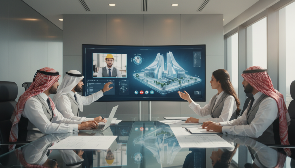 A professional Saudi engineering consultancy team in a high-tech office, providing real-time technical support to a client via video call, blueprints and digital 3D models visible on screens, bright professional atmosphere, 8k resolution, cinematic lighting.