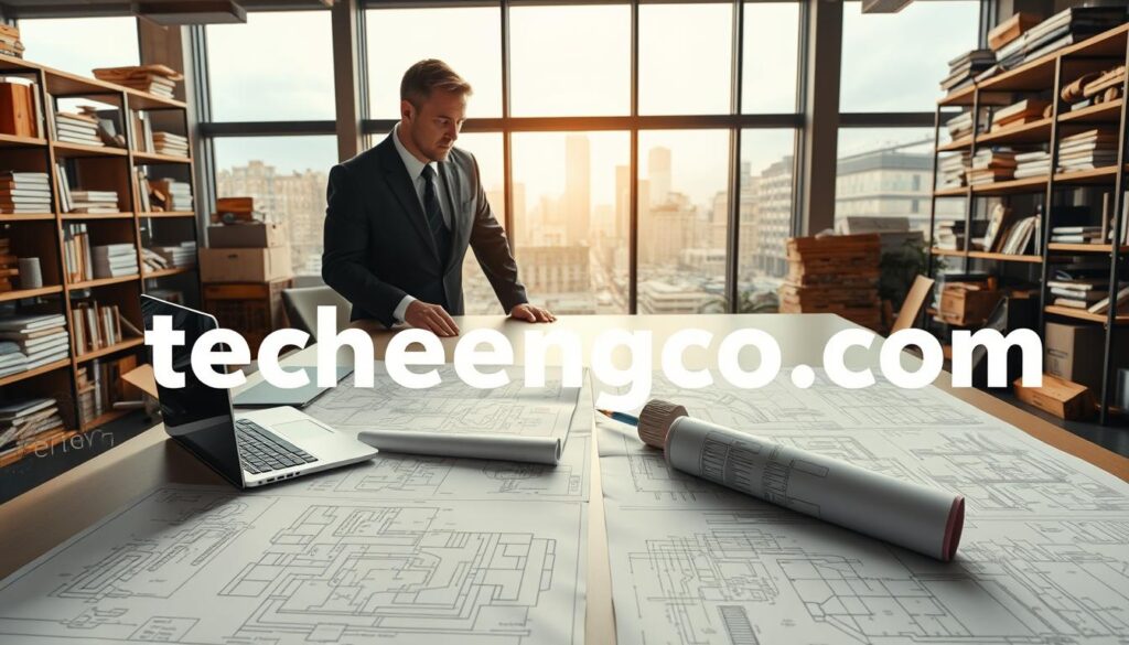 A professional engineer in business attire consults with a client at a modern workspace, surrounded by technical drawings and engineering diagrams on a large table. The foreground features detailed blueprints and a laptop showing 3D models, emphasizing the theme of technical support for engineering consultations. In the middle ground, a large window reveals a cityscape bathed in natural light, creating an inspiring and optimistic atmosphere. The background includes shelves filled with engineering books and tools, suggesting a knowledgeable environment. The composition uses warm, inviting lighting to enhance the collaborative mood. The brand name "techengco.com" is subtly integrated into the workspace elements, aligning with the theme of innovative engineering solutions.