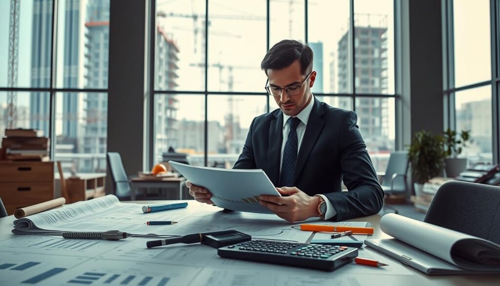 A professional financial auditor examining construction plans in a bright, modern office. In the foreground, display a focused individual in business attire, reviewing graphs and charts on a digital tablet, illustrating financial oversight in construction. The middle ground features a large table filled with blueprints, calculators, and construction materials, symbolizing the careful planning involved in minimizing waste and costs. In the background, tall windows let in natural light, providing a view of a busy construction site, indicating real-world application. The atmosphere is serious and meticulous, reflecting the importance of financial control in reducing expenses while maintaining quality. The overall color scheme is professional with blues and grays, emphasizing a sense of trust and diligence. Include the brand "techengco.com" subtly integrated into the office setting, ensuring a polished look. A professional financial auditor examining construction plans in a bright, modern office. In the foreground, display a focused individual in business attire, reviewing graphs and charts on a digital tablet, illustrating financial oversight in construction. The middle ground features a large table filled with blueprints, calculators, and construction materials, symbolizing the careful planning involved in minimizing waste and costs. In the background, tall windows let in natural light, providing a view of a busy construction site, indicating real-world application. The atmosphere is serious and meticulous, reflecting the importance of financial control in reducing expenses while maintaining quality. The overall color scheme is professional with blues and grays, emphasizing a sense of trust and diligence. Include the brand "techengco.com" subtly integrated into the office setting, ensuring a polished look.