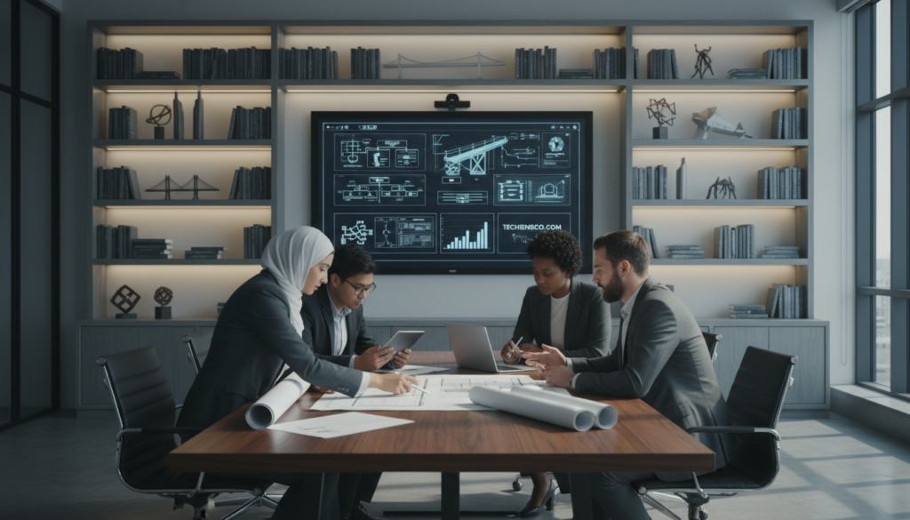 A team of skilled engineers in a modern consulting office, engaged in a dynamic brainstorming session. The foreground features four diverse professionals, all dressed in smart business attire; a Middle-Eastern woman in a hijab, a South Asian man with glasses, a Black woman with short hair, and a Caucasian man with a beard, all reviewing architectural plans and blueprints spread on a sleek conference table. The middle ground showcases a large digital screen displaying detailed engineering diagrams and graphs. The background contains shelves with engineering books and models of architectural projects. The room is brightly lit with natural light streaming through large windows, creating a productive and collaborative atmosphere. The mood is focused and energetic, reflecting the importance of teamwork in ensuring project success. The brand name "techengco.com" subtly integrated into the scene.