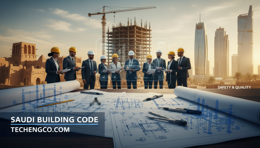 A visually engaging infographic representing the concept of the Saudi Building Code. In the foreground, include detailed architectural blueprints and structural symbols, highlighted with soft, professional lighting that adds depth. The middle ground should feature a modern construction site with workers in professional business attire, collaborating and examining plans, showcasing teamwork and expertise. In the background, depict traditional and contemporary Saudi architecture harmoniously blended, symbolizing the evolution of building standards. The atmosphere should reflect innovation and professionalism, conveying the importance of adhering to building codes for safety and quality. Use a wide-angle perspective to capture the scope of the site, ensuring clarity and focus on both the people and the structures. Include subtle brand elements from techengco.com as part of the design. A visually engaging infographic representing the concept of the Saudi Building Code. In the foreground, include detailed architectural blueprints and structural symbols, highlighted with soft, professional lighting that adds depth. The middle ground should feature a modern construction site with workers in professional business attire, collaborating and examining plans, showcasing teamwork and expertise. In the background, depict traditional and contemporary Saudi architecture harmoniously blended, symbolizing the evolution of building standards. The atmosphere should reflect innovation and professionalism, conveying the importance of adhering to building codes for safety and quality. Use a wide-angle perspective to capture the scope of the site, ensuring clarity and focus on both the people and the structures. Include subtle brand elements from techengco.com as part of the design.