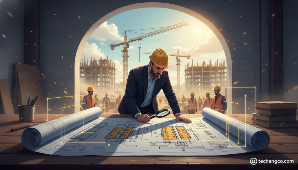 A visually striking illustration capturing the essence of the Saudi Building Code. In the foreground, a detailed architectural blueprint spread across a wooden table, showcasing various building designs and structural elements. In the middle ground, a professional-looking architect in business attire examining these designs, with a look of concentration and determination. The background features a modern construction site, with cranes and workers in hard hats, emphasizing the importance of adhering to building codes. Soft, natural lighting filters through the scene, creating a productive and focused atmosphere. The image should evoke a sense of professionalism and the significance of safety and regulations in construction. Brand logo subtly placed in the corner: techengco.com. A visually striking illustration capturing the essence of the Saudi Building Code. In the foreground, a detailed architectural blueprint spread across a wooden table, showcasing various building designs and structural elements. In the middle ground, a professional-looking architect in business attire examining these designs, with a look of concentration and determination. The background features a modern construction site, with cranes and workers in hard hats, emphasizing the importance of adhering to building codes. Soft, natural lighting filters through the scene, creating a productive and focused atmosphere. The image should evoke a sense of professionalism and the significance of safety and regulations in construction. Brand logo subtly placed in the corner: techengco.com.