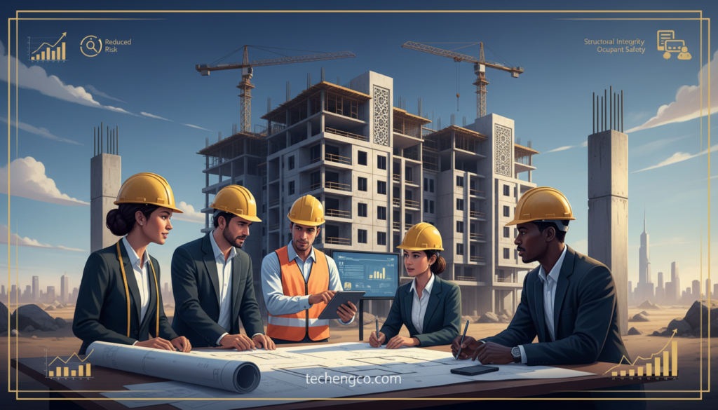 A visually striking illustration showcasing the significance of the Saudi Building Code. In the foreground, a diverse group of professionals in business attire, including an architect, an engineer, and a construction manager, are actively reviewing architectural blueprints and discussing safety elements. The middle ground features a partially constructed building, displaying modern architectural elements compliant with the Saudi Building Code. In the background, a clear blue sky contrasts the bustling construction site. Soft, natural lighting highlights the professionalism and collaboration among the characters. The atmosphere is one of growth, innovation, and community safety. Graphical elements such as infographics related to construction safety and compliance can subtly frame the scene, capturing attention without overwhelming the image. Include the brand name "techengco.com" subtly integrated into the design, ensuring a polished and cohesive look. A visually striking illustration showcasing the significance of the Saudi Building Code. In the foreground, a diverse group of professionals in business attire, including an architect, an engineer, and a construction manager, are actively reviewing architectural blueprints and discussing safety elements. The middle ground features a partially constructed building, displaying modern architectural elements compliant with the Saudi Building Code. In the background, a clear blue sky contrasts the bustling construction site. Soft, natural lighting highlights the professionalism and collaboration among the characters. The atmosphere is one of growth, innovation, and community safety. Graphical elements such as infographics related to construction safety and compliance can subtly frame the scene, capturing attention without overwhelming the image. Include the brand name "techengco.com" subtly integrated into the design, ensuring a polished and cohesive look.