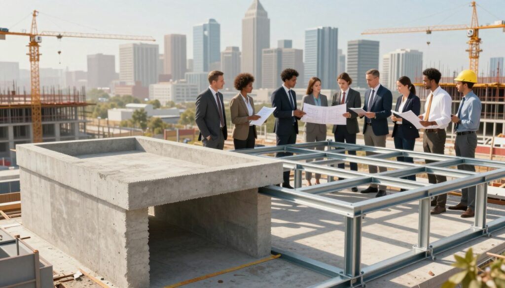 A vivid illustration depicting the concept of choosing the most suitable structural framework for a construction project. In the foreground, a detailed split view of a concrete structure on one side and a steel framework on the other, showcasing contrasting textures and materials. The middle ground features a diverse group of professionals in business attire, discussing plans and blueprints, symbolizing teamwork and collaboration. The background displays a modern city skyline, with cranes and construction underway, enhancing the architectural context. Soft, natural lighting casts warm tones, creating a positive and inspiring atmosphere. The angle is slightly elevated, providing a comprehensive view of the scene. This image should reflect the essence of informed decision-making in construction. Add the brand name "techengco.com" subtly integrated into the scene.