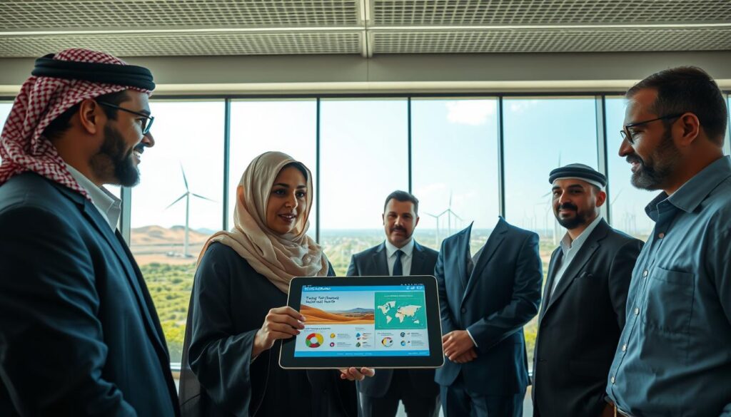 A dynamic scene illustrating the significance of environmental consulting in Saudi Arabia. In the foreground, a diverse group of professionals in business attire, including a Saudi woman in a hijab and men in traditional and modern business wear, engage in a discussion over a digital tablet displaying an infographic related to environmental studies. In the middle ground, a modern office setting with large windows showing a desert landscape, symbolizing the environmental context. The background features verdant areas and wind turbines, representing sustainable practices. The lighting is bright and natural, creating an optimistic atmosphere. The angle captures the teamwork and collaboration essential in environmental consulting. Incorporate subtle tech elements to convey innovation, with a logo of "techengco.com" visible on the tablet. A dynamic scene illustrating the significance of environmental consulting in Saudi Arabia. In the foreground, a diverse group of professionals in business attire, including a Saudi woman in a hijab and men in traditional and modern business wear, engage in a discussion over a digital tablet displaying an infographic related to environmental studies. In the middle ground, a modern office setting with large windows showing a desert landscape, symbolizing the environmental context. The background features verdant areas and wind turbines, representing sustainable practices. The lighting is bright and natural, creating an optimistic atmosphere. The angle captures the teamwork and collaboration essential in environmental consulting. Incorporate subtle tech elements to convey innovation, with a logo of "techengco.com" visible on the tablet.