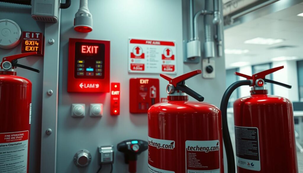 A modern fire safety system showcased prominently in the foreground, featuring sleek fire extinguishers, advanced smoke detectors, and bright emergency exit signs. In the middle ground, illustrate a fire alarm control panel with flashing lights, alongside a wall-mounted sprinkler system. The background should depict a corporate environment, with a clear view of safety protocol posters and a well-lit office space. Use bright, diffuse lighting to create a professional atmosphere, with a wide-angle lens capturing the details of both the safety equipment and the overall setting. The mood should be one of preparedness and security, emphasizing the importance of fire safety in business environments. Incorporate subtle branding with "techengco.com" featured on the fire safety equipment, ensuring it looks integrated. A modern fire safety system showcased prominently in the foreground, featuring sleek fire extinguishers, advanced smoke detectors, and bright emergency exit signs. In the middle ground, illustrate a fire alarm control panel with flashing lights, alongside a wall-mounted sprinkler system. The background should depict a corporate environment, with a clear view of safety protocol posters and a well-lit office space. Use bright, diffuse lighting to create a professional atmosphere, with a wide-angle lens capturing the details of both the safety equipment and the overall setting. The mood should be one of preparedness and security, emphasizing the importance of fire safety in business environments. Incorporate subtle branding with "techengco.com" featured on the fire safety equipment, ensuring it looks integrated.