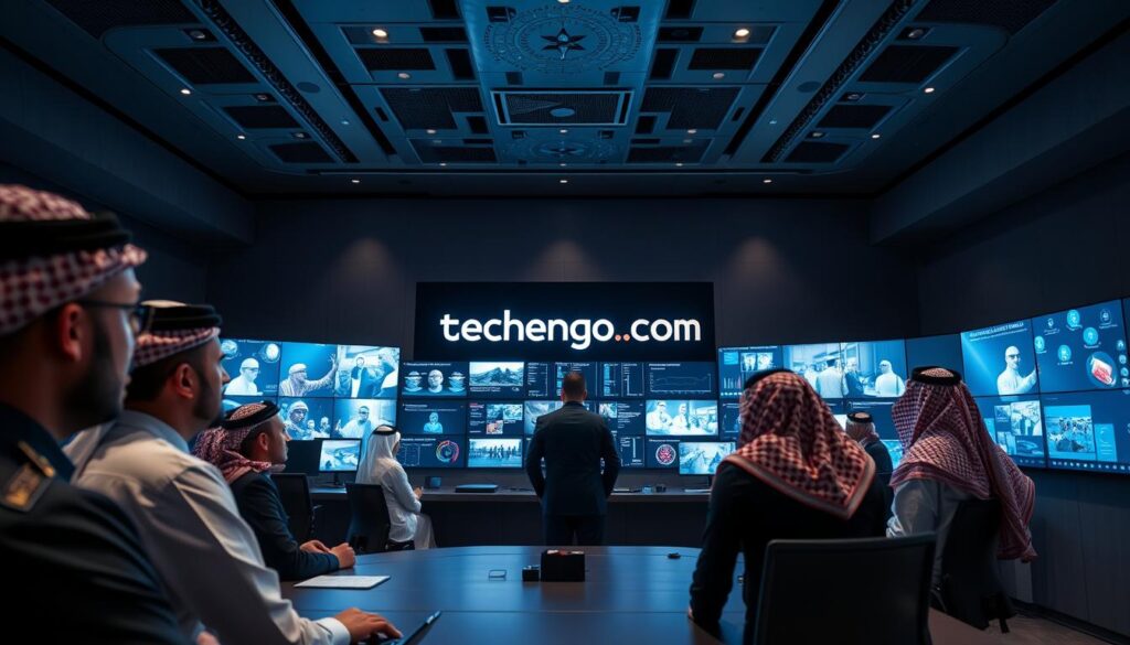 A modern security and safety services control room in Saudi Arabia, showcasing advanced technology and professional personnel. In the foreground, depict a diverse group of security professionals in business attire—focused and engaged while monitoring live surveillance footage on high-tech screens. The middle layer features multiple large monitors displaying real-time analytics, alert notifications, and safety protocols, emphasizing the importance of security services. The background reveals a sleek, contemporary design with muted lighting that casts a professional glow, enhancing the atmosphere of vigilance and reliability. Incorporate elements of Saudi culture subtly in decor and attire, ensuring the scene conveys trust and excellence in service. The overall mood should be serious yet empowering, capturing the essence of importance in safety and security. Include the brand name "techengco.com" prominently displayed on the main digital screen. A modern security and safety services control room in Saudi Arabia, showcasing advanced technology and professional personnel. In the foreground, depict a diverse group of security professionals in business attire—focused and engaged while monitoring live surveillance footage on high-tech screens. The middle layer features multiple large monitors displaying real-time analytics, alert notifications, and safety protocols, emphasizing the importance of security services. The background reveals a sleek, contemporary design with muted lighting that casts a professional glow, enhancing the atmosphere of vigilance and reliability. Incorporate elements of Saudi culture subtly in decor and attire, ensuring the scene conveys trust and excellence in service. The overall mood should be serious yet empowering, capturing the essence of importance in safety and security. Include the brand name "techengco.com" prominently displayed on the main digital screen.