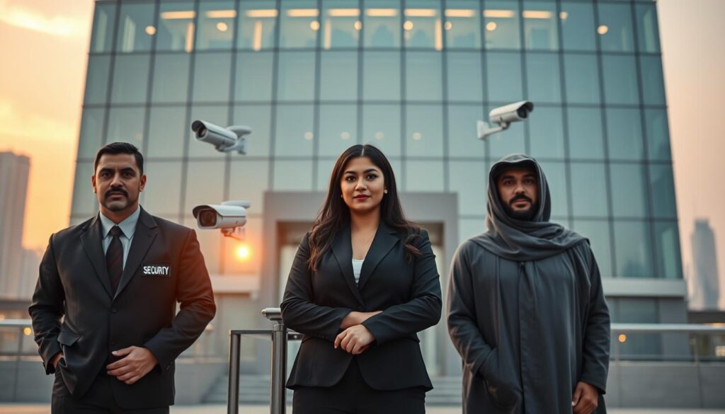 A modern security company in Saudi Arabia, showcasing a professional team of security personnel in well-fitted business attire, standing in front of a sleek, glass-fronted building. In the foreground, focus on a diverse group of three security guards, two men and one woman, displaying confidence and professionalism. In the middle ground, there are surveillance cameras and security equipment displayed prominently, emphasizing their commitment to safety. The background features a city skyline with a warm sunset glow, casting an inviting yet secure atmosphere. The scene is illuminated with soft lighting, creating a balanced contrast. Overall, the image should communicate reliability and trustworthiness, perfect for an article about security and safety services. techengco.com. A modern security company in Saudi Arabia, showcasing a professional team of security personnel in well-fitted business attire, standing in front of a sleek, glass-fronted building. In the foreground, focus on a diverse group of three security guards, two men and one woman, displaying confidence and professionalism. In the middle ground, there are surveillance cameras and security equipment displayed prominently, emphasizing their commitment to safety. The background features a city skyline with a warm sunset glow, casting an inviting yet secure atmosphere. The scene is illuminated with soft lighting, creating a balanced contrast. Overall, the image should communicate reliability and trustworthiness, perfect for an article about security and safety services. techengco.com.