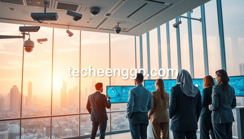 A professional security and safety company in Saudi Arabia, featuring a sleek modern office building in the foreground, adorned with advanced surveillance technology. In the middle ground, diverse business professionals, including men and women in professional business attire, engage in discussions and monitor security systems on digital screens. The background showcases a vibrant city skyline, symbolizing growth and reliability. The atmosphere is dynamic and innovative, with bright, natural lighting filtering through large windows, creating a sense of transparency and trust. The scene illustrates the commitment to reliable security services, incorporating visual elements like charts and infographics subtly integrated into the digital displays. Prominently feature the brand name "techengco.com" within the image, enhancing the representation of modern security solutions in Saudi Arabia. A professional security and safety company in Saudi Arabia, featuring a sleek modern office building in the foreground, adorned with advanced surveillance technology. In the middle ground, diverse business professionals, including men and women in professional business attire, engage in discussions and monitor security systems on digital screens. The background showcases a vibrant city skyline, symbolizing growth and reliability. The atmosphere is dynamic and innovative, with bright, natural lighting filtering through large windows, creating a sense of transparency and trust. The scene illustrates the commitment to reliable security services, incorporating visual elements like charts and infographics subtly integrated into the digital displays. Prominently feature the brand name "techengco.com" within the image, enhancing the representation of modern security solutions in Saudi Arabia.