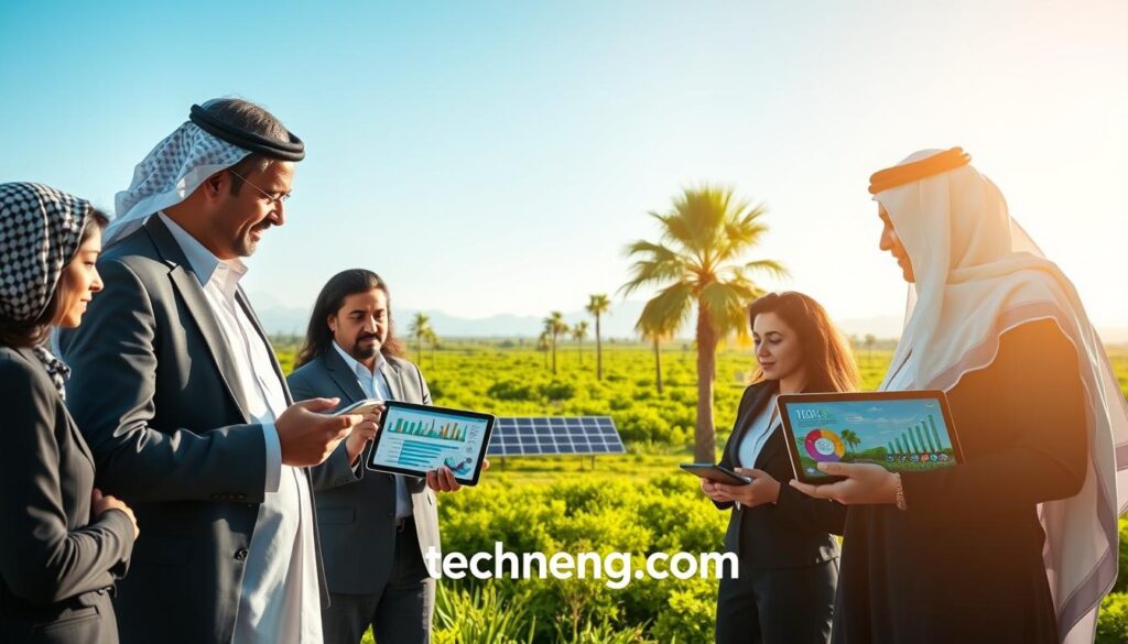 A serene and informative scene illustrating the importance of environmental consulting in Saudi Arabia. In the foreground, a diverse group of professionals – including men and women in professional business attire – engage in a discussion over digital tablets displaying colorful infographics and environmental data. The middle layer features a lush green landscape with palm trees and solar panels, symbolizing sustainable practices. In the background, a clear blue sky meets distant mountains, indicating the natural beauty of the region. Soft, natural lighting casts a warm glow over the scene, creating an optimistic atmosphere. The composition focuses on collaboration, innovation, and sustainability in environmental consulting. The branding "techengco.com" subtly incorporated within the image. A serene and informative scene illustrating the importance of environmental consulting in Saudi Arabia. In the foreground, a diverse group of professionals – including men and women in professional business attire – engage in a discussion over digital tablets displaying colorful infographics and environmental data. The middle layer features a lush green landscape with palm trees and solar panels, symbolizing sustainable practices. In the background, a clear blue sky meets distant mountains, indicating the natural beauty of the region. Soft, natural lighting casts a warm glow over the scene, creating an optimistic atmosphere. The composition focuses on collaboration, innovation, and sustainability in environmental consulting. The branding "techengco.com" subtly incorporated within the image.