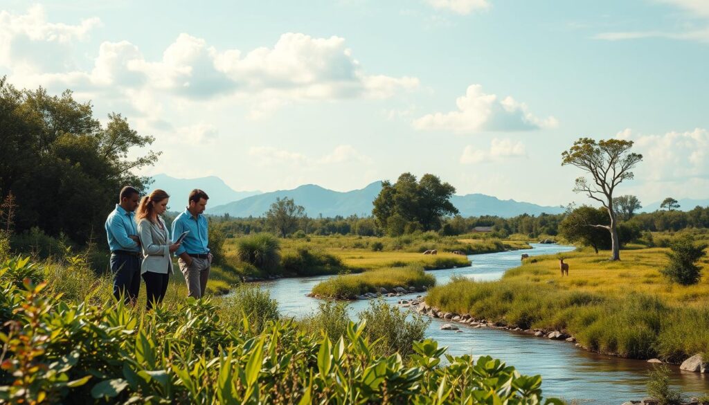 A serene landscape illustrating environmental impact assessment and natural resource protection. In the foreground, a diverse team of environmental consultants in professional attire analyzing data on a laptop amidst lush greenery, surrounded by native plants and trees. In the middle ground, a clear river flows, with wildlife thriving along its banks, showcasing the importance of conservation. The background features distant mountains under a soft blue sky, with fluffy white clouds casting gentle shadows on the landscape. The scene is bathed in warm, natural sunlight, creating an inviting atmosphere. Emphasize the harmonious balance between human activities and nature. Incorporate subtle infographic elements relevant to environmental assessment in the scene, with soft focus to maintain clarity. www.techengco.com A serene landscape illustrating environmental impact assessment and natural resource protection. In the foreground, a diverse team of environmental consultants in professional attire analyzing data on a laptop amidst lush greenery, surrounded by native plants and trees. In the middle ground, a clear river flows, with wildlife thriving along its banks, showcasing the importance of conservation. The background features distant mountains under a soft blue sky, with fluffy white clouds casting gentle shadows on the landscape. The scene is bathed in warm, natural sunlight, creating an inviting atmosphere. Emphasize the harmonious balance between human activities and nature. Incorporate subtle infographic elements relevant to environmental assessment in the scene, with soft focus to maintain clarity. www.techengco.com