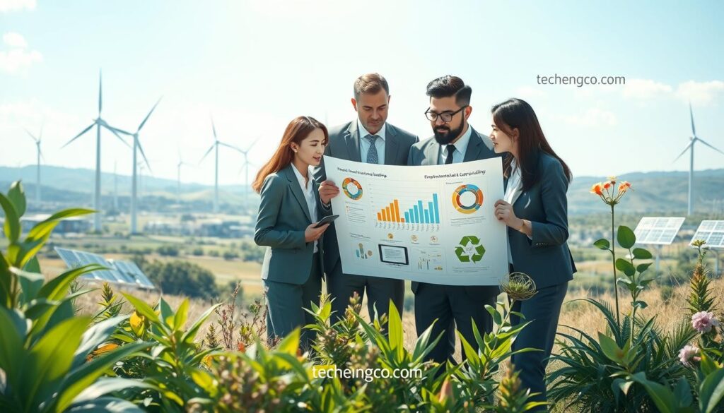 A visually engaging illustration of "تعريف الاستشارات البيئية," focusing on environmental consulting concepts. In the foreground, a diverse group of professionals, dressed in business attire, collaboratively reviewing a large blueprint and environmental report. They are surrounded by various green plants and eco-friendly symbols. In the middle ground, display a digital tablet showing graphs and infographics related to sustainability and environmental impact. The background features a clear blue sky and a serene landscape with wind turbines and solar panels, symbolizing renewable energy. Soft natural lighting accentuates the scene, creating a professional and hopeful atmosphere. Please include the subtle branding of "techengco.com" within the design. A visually engaging illustration of "تعريف الاستشارات البيئية," focusing on environmental consulting concepts. In the foreground, a diverse group of professionals, dressed in business attire, collaboratively reviewing a large blueprint and environmental report. They are surrounded by various green plants and eco-friendly symbols. In the middle ground, display a digital tablet showing graphs and infographics related to sustainability and environmental impact. The background features a clear blue sky and a serene landscape with wind turbines and solar panels, symbolizing renewable energy. Soft natural lighting accentuates the scene, creating a professional and hopeful atmosphere. Please include the subtle branding of "techengco.com" within the design.